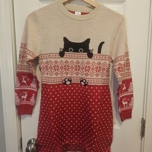 New Girls Christmas Red and Cream Cat Pattern Sweater Dress
